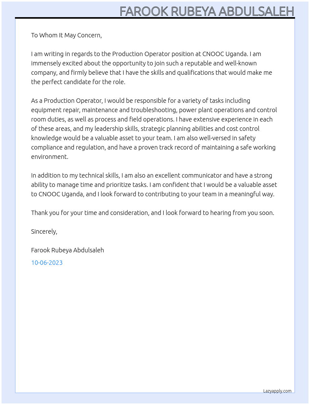 Production Operator At CNOOC Uganda Cover Letter