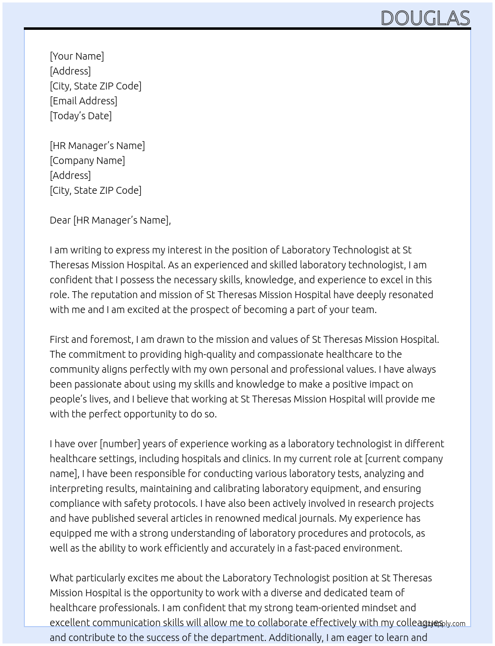 Laboratory technologist At St Theresas mission hospital Cover Letter