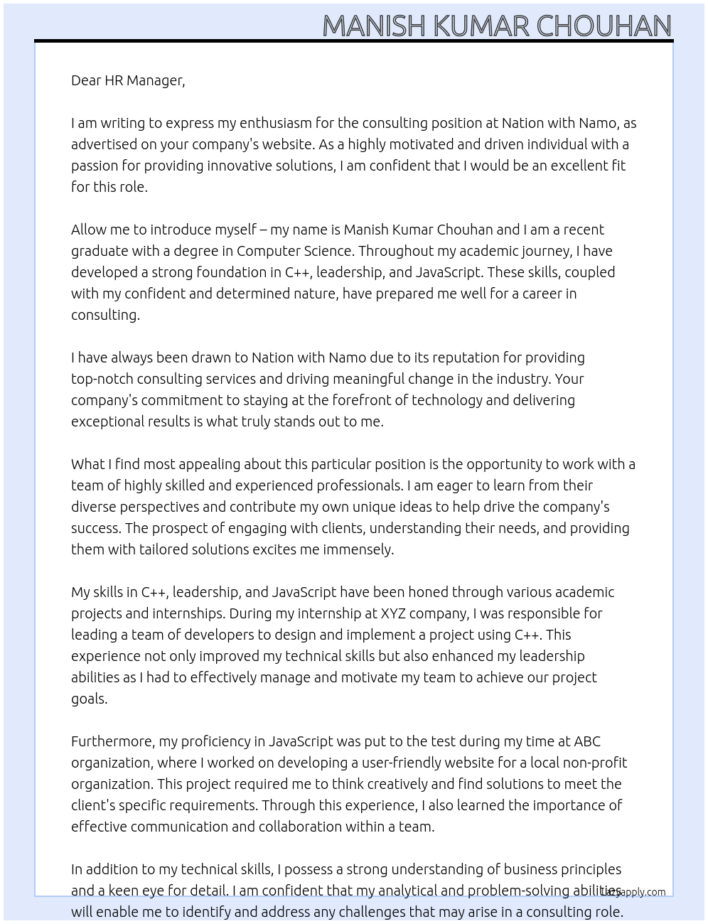 consulting At nation with namo Cover Letter