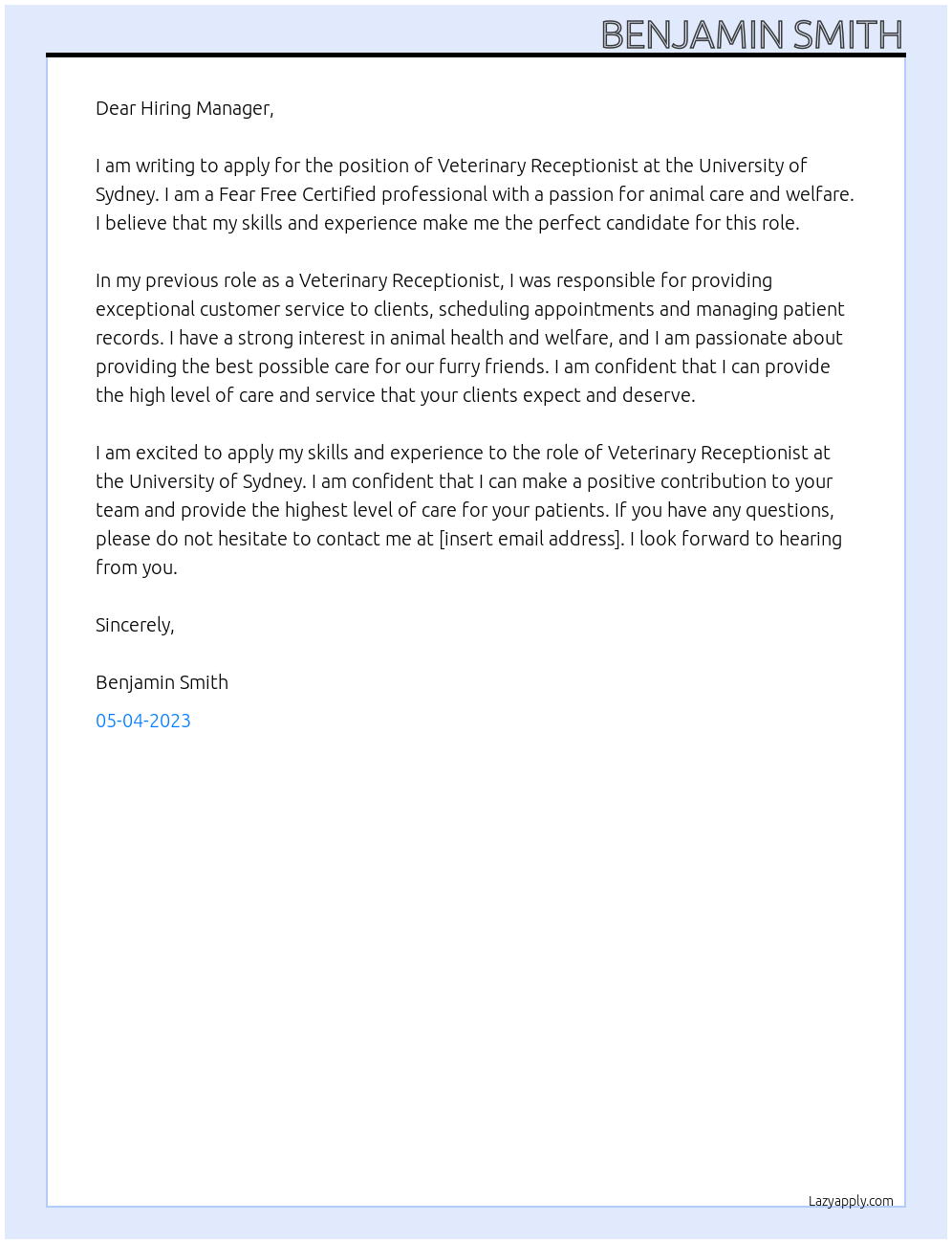 Veterinary Receptionist At University of Sydney Cover Letter