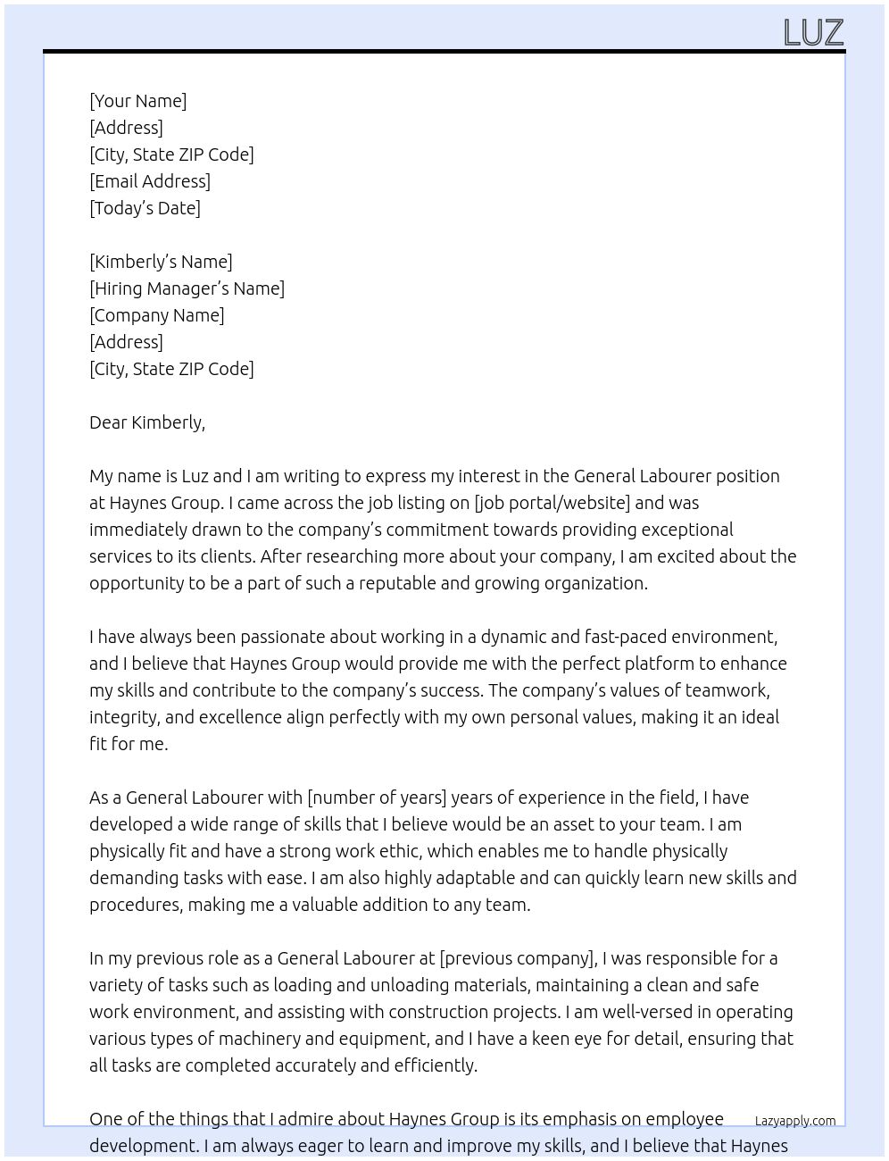 General Labourer At Haynes Group Cover Letter