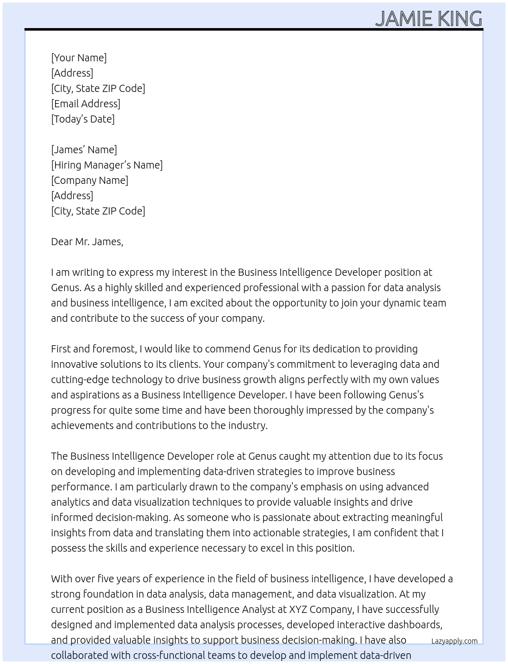 Business Intelligence Developer At Genus Cover Letter