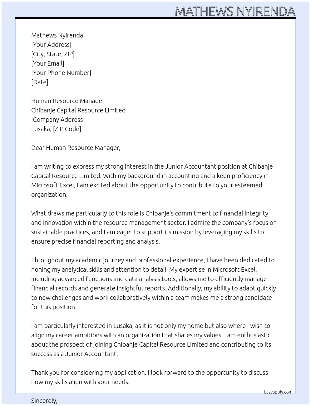 Cover letter for junior accountant - LazyApply
