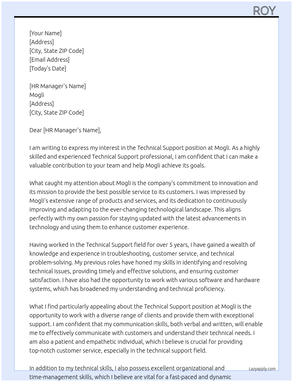 Technical Support At Mogli Cover Letter