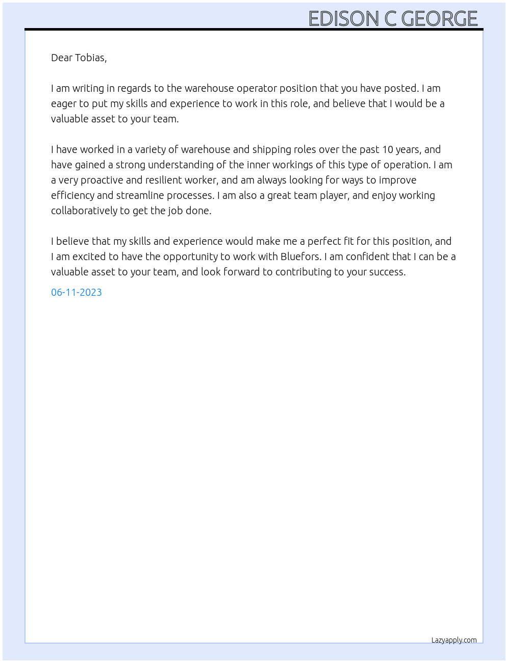 Warehouse Operator At Bluefors Cover Letter