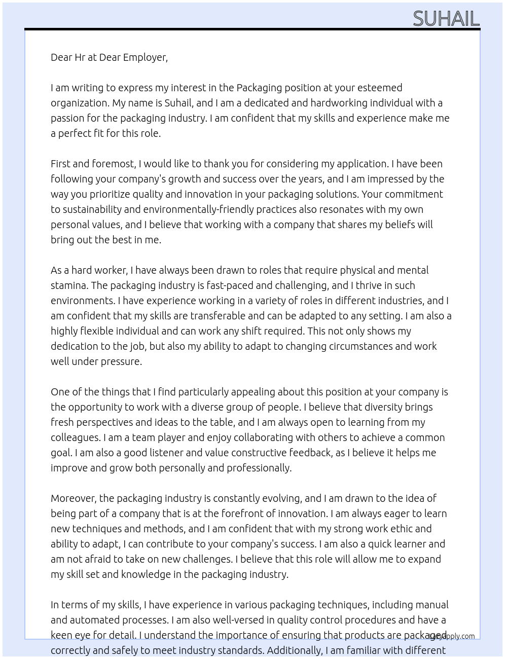 Packaging  At Dear employer  Cover Letter