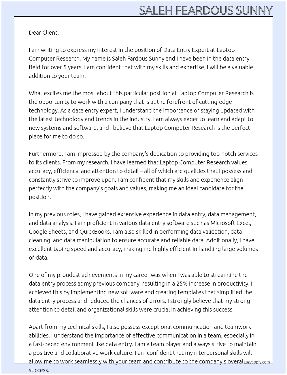 Data entry expert At Laptop Computer Research Cover Letter