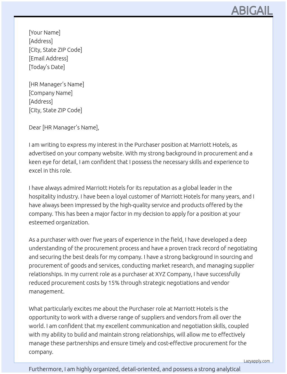 purchaser At Marriott Hotels Cover Letter