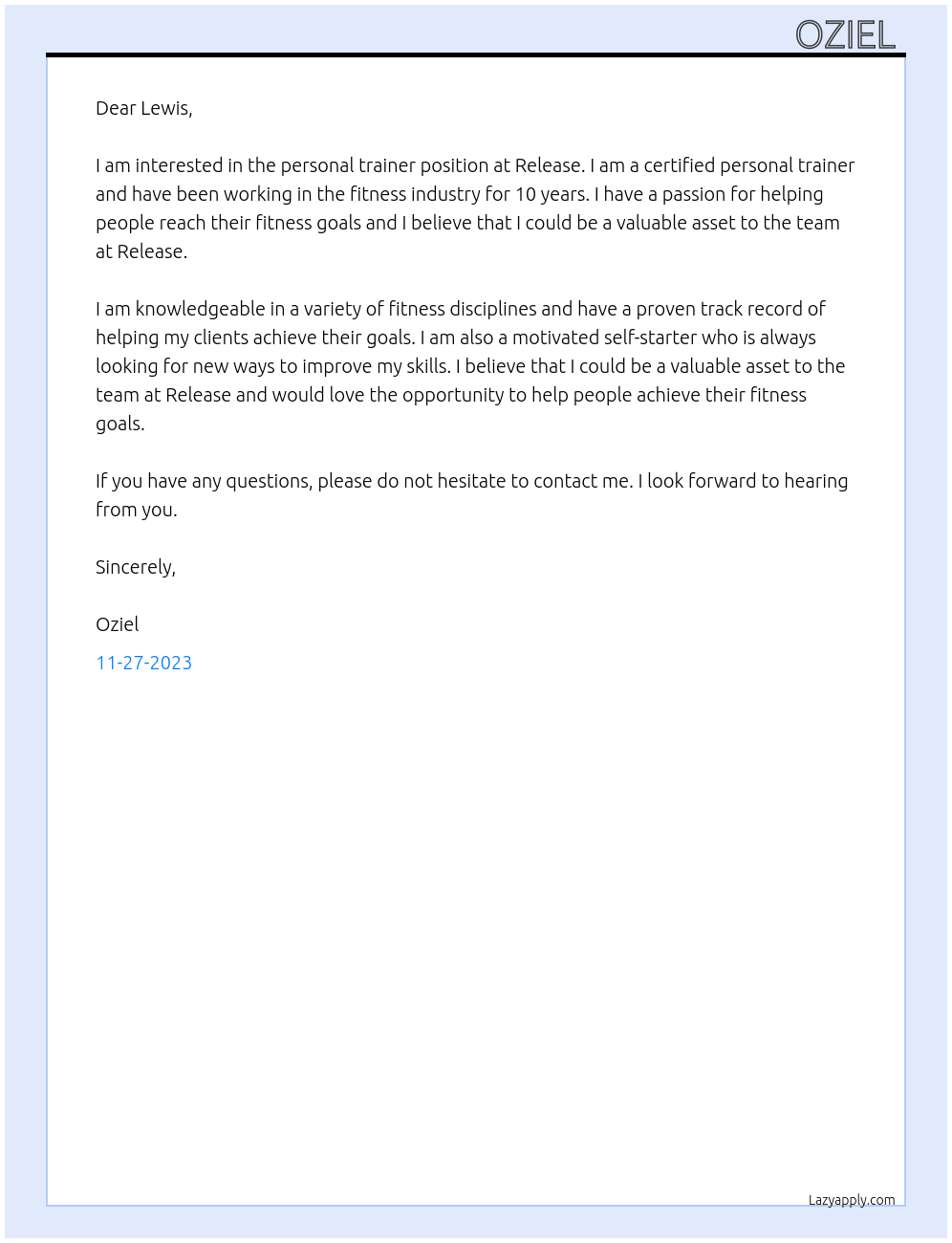 Personal trainer At Release Cover Letter