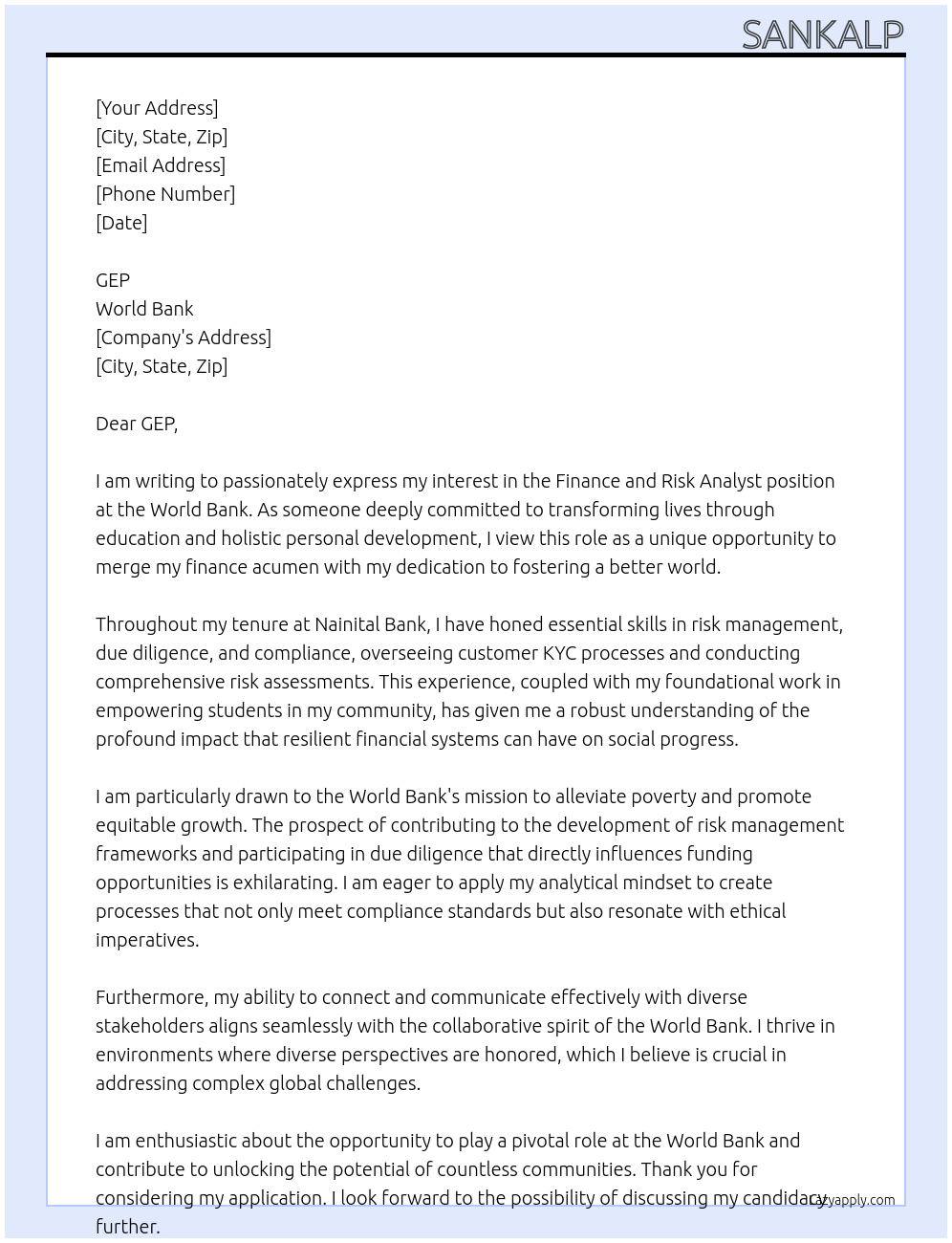 Finance and risk analyst  At World bank Cover Letter