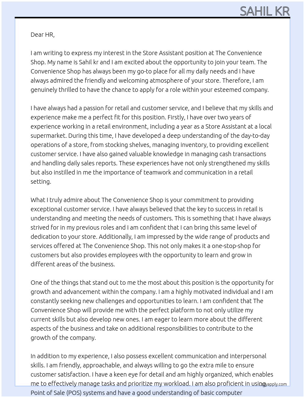 Store assistant At The convenience shop Cover Letter