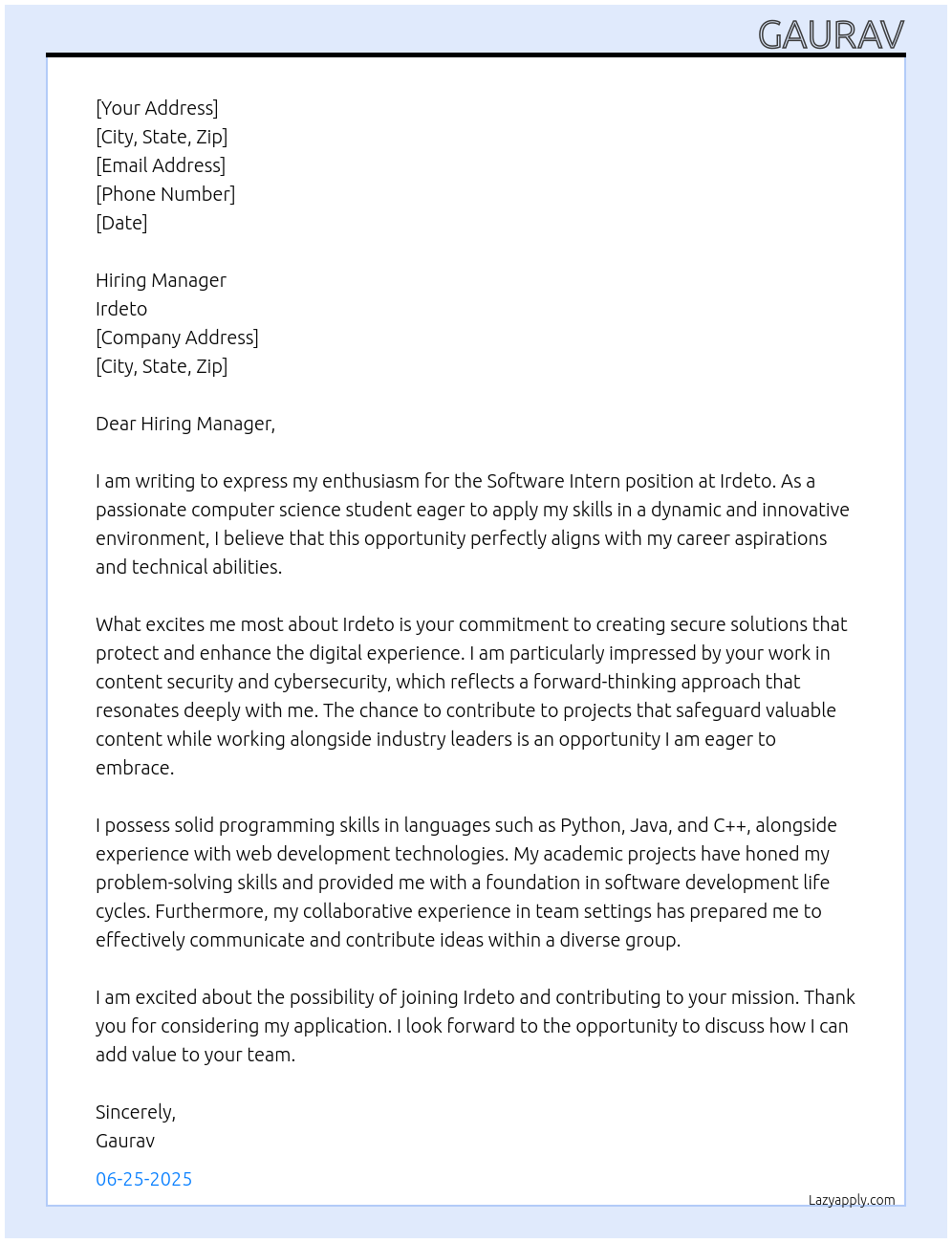 Cover letter for software intern - LazyApply