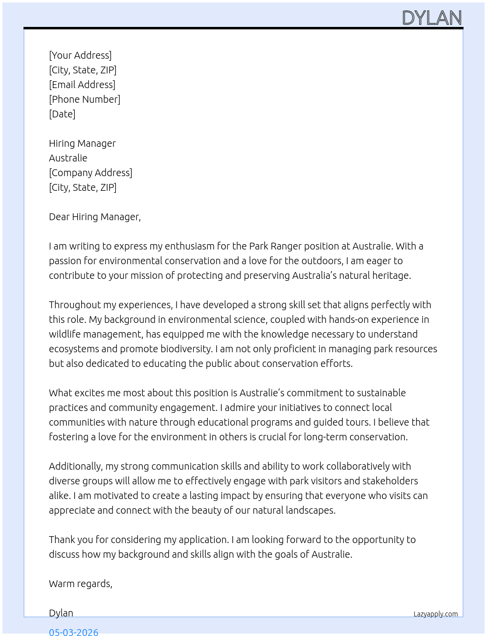 Park ranger  At Australie  Cover Letter