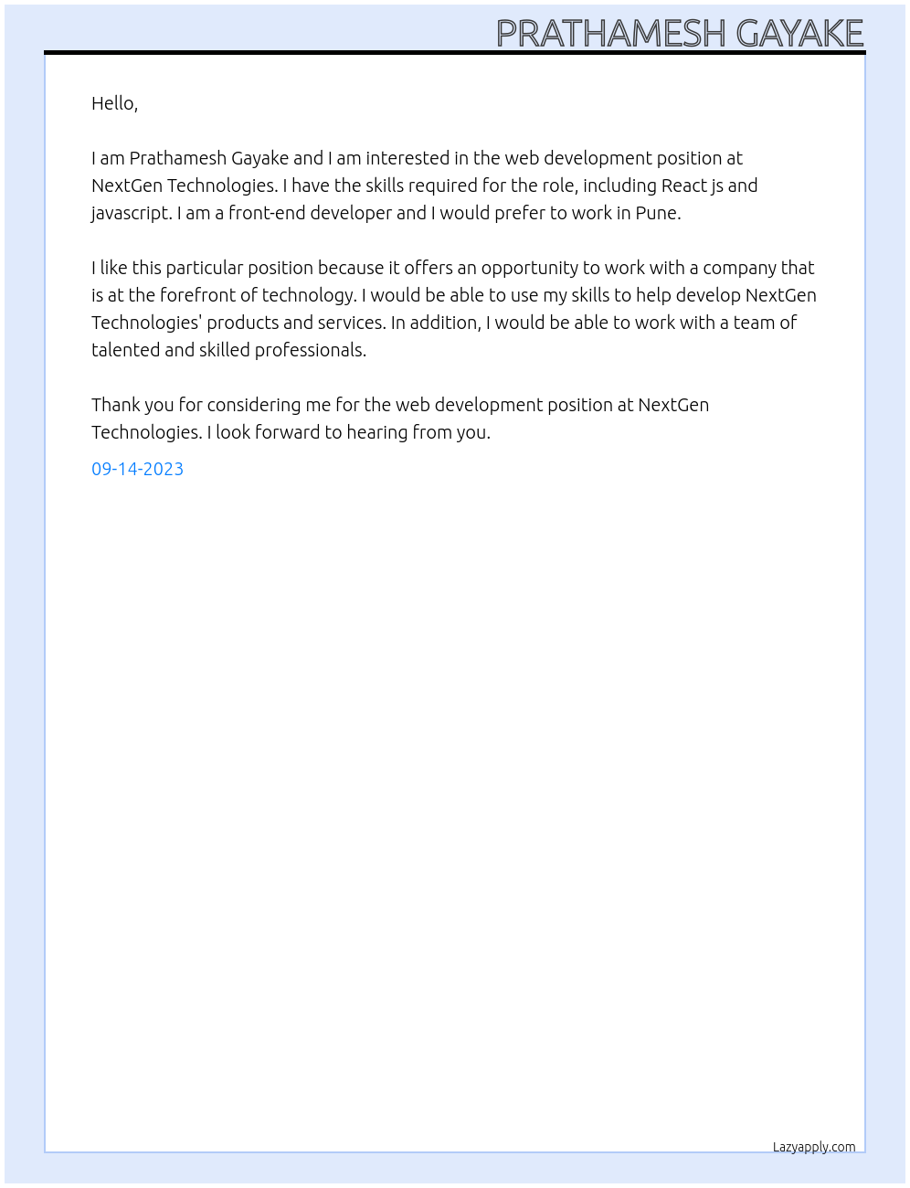 Web development At NextGen Technologies Cover Letter