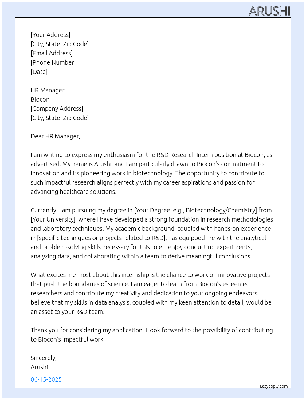 R&D research intern At Biocon Cover Letter