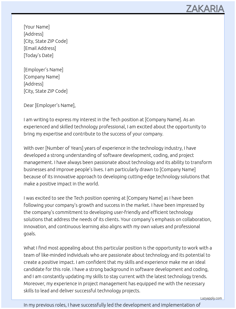 tech At zakaria Cover Letter