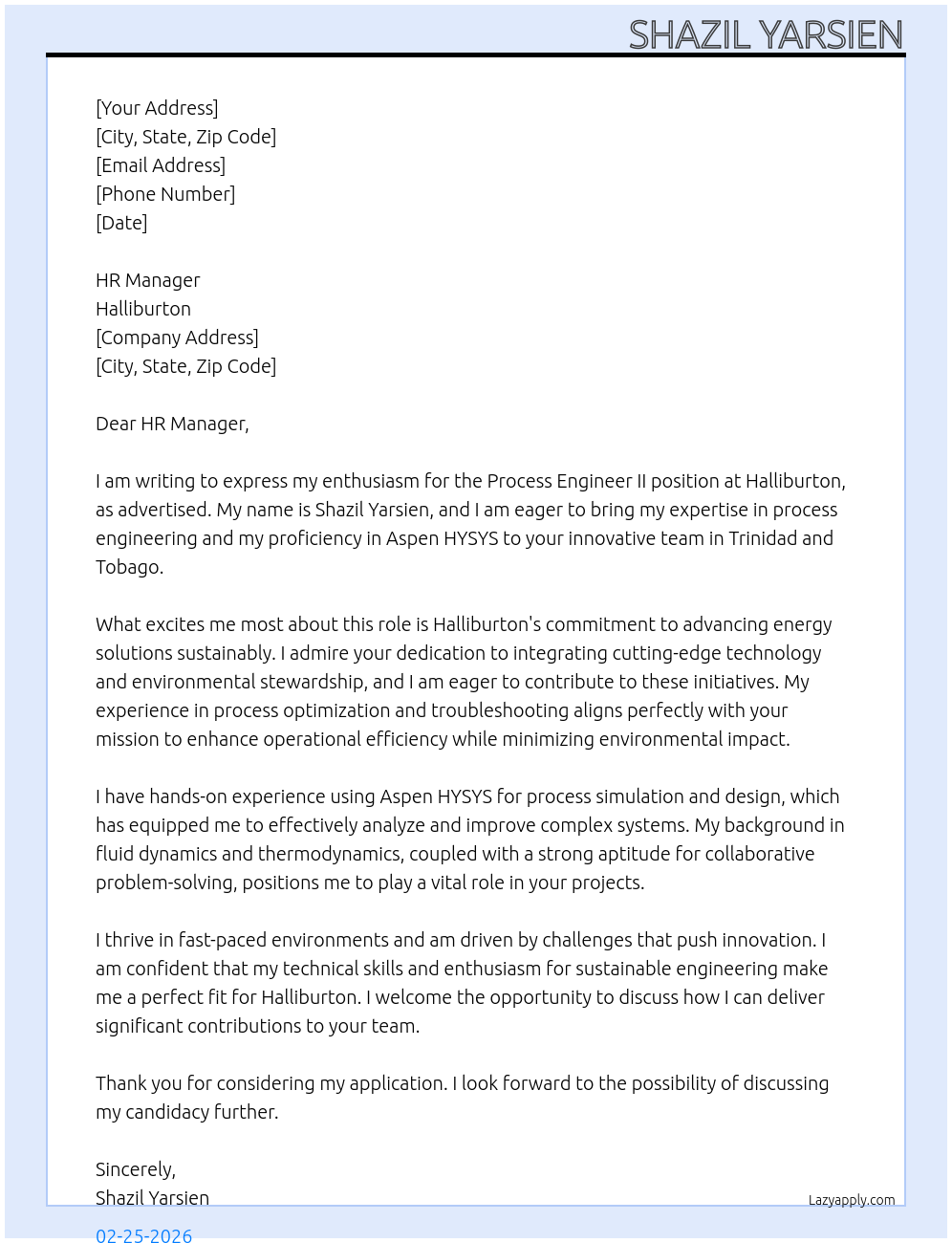 Process Engineer II At Halliburton Cover Letter