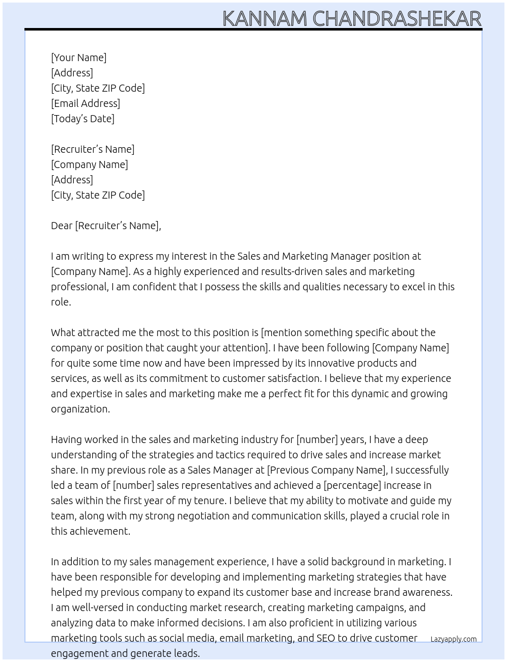 Sales and marketing manager At Recruiter Cover Letter