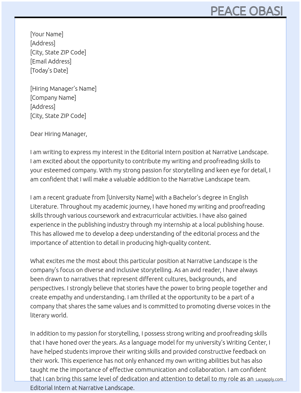 Editorial Intern At Narrative Landscape Cover Letter