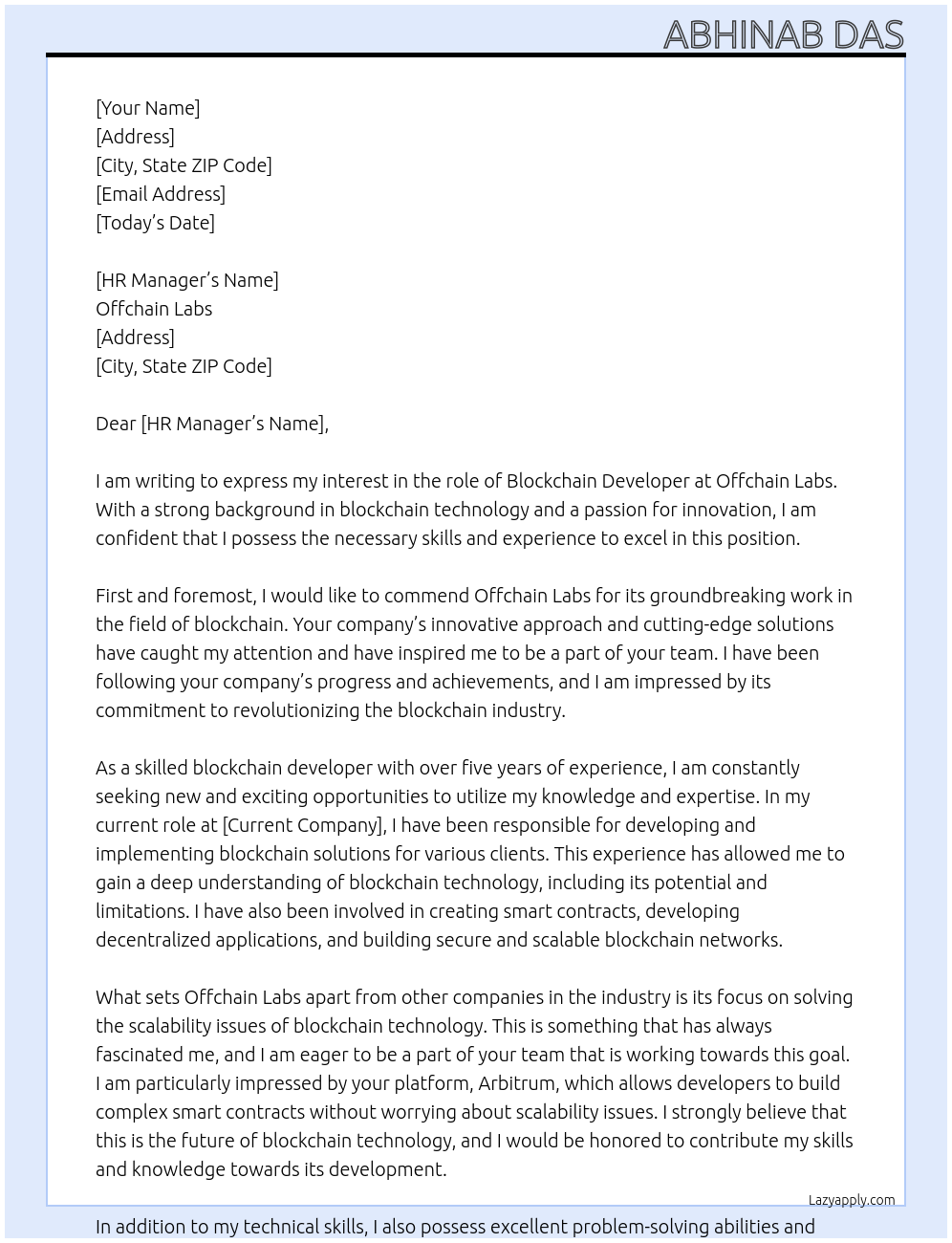 Cover letter for blockchain developer - LazyApply