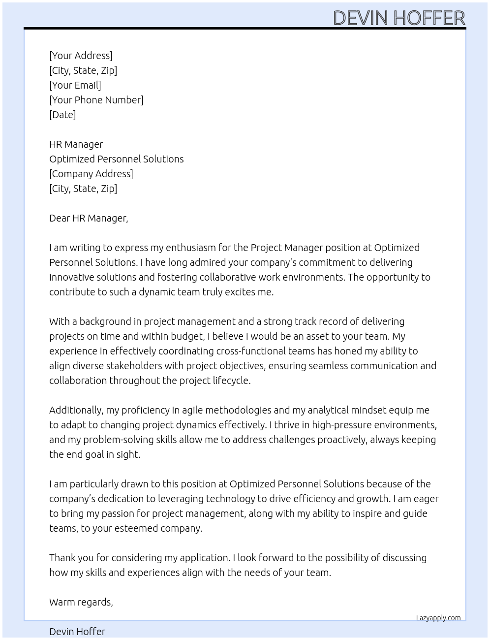 Project Manager At Optimized Personnel Solutions Cover Letter