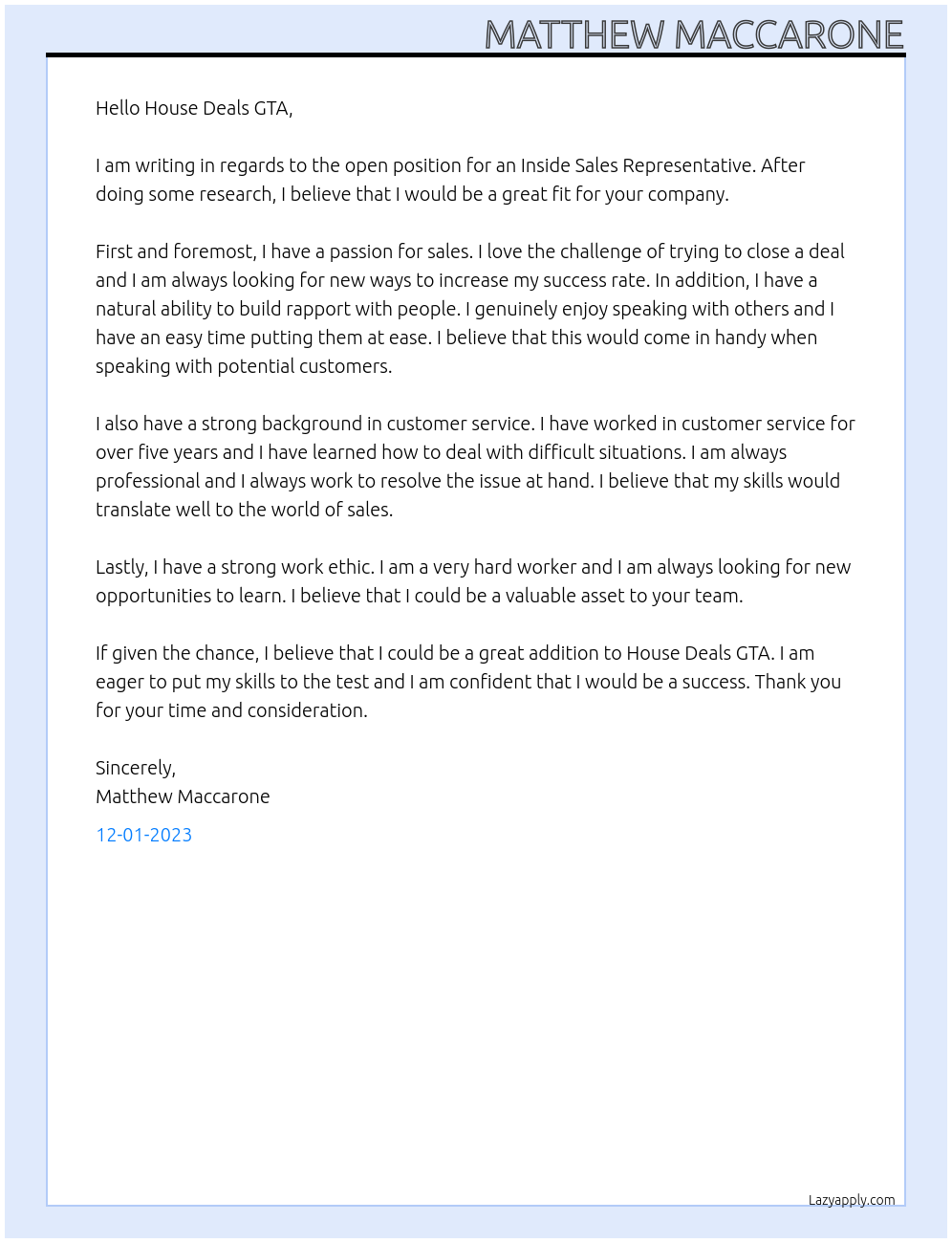 Inside Sales Representative  At House Deals GTA  Cover Letter