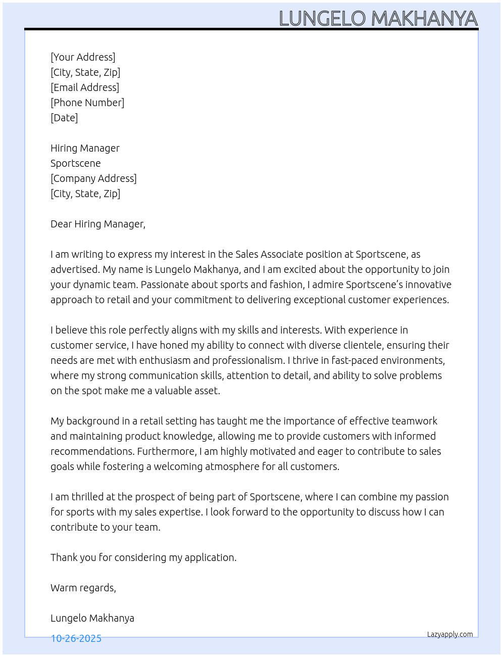 Sales associate At Sportscene Cover Letter