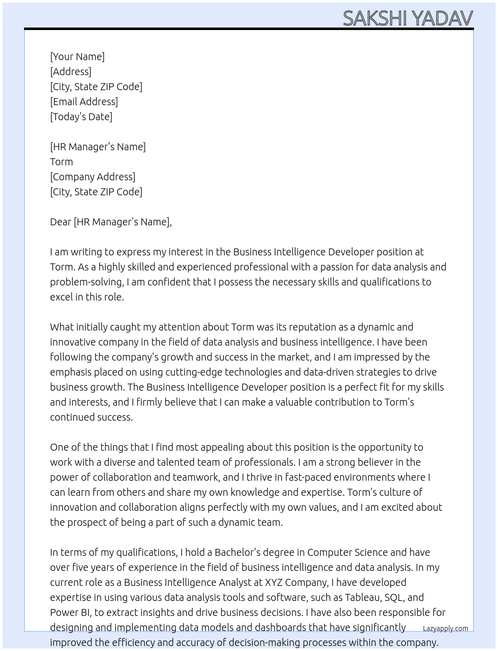 Business Intelligence Developer At Torm Cover Letter