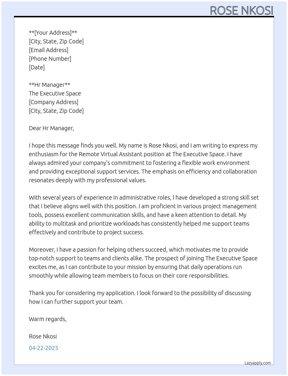 Remote Virtual Assistant At The Executive Space Cover Letter