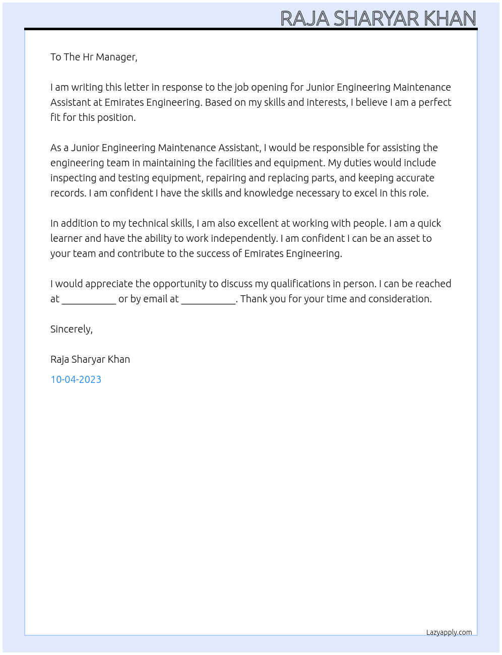 JUNIOR ENGINEERING MAINTENANCE ASSISTANT At Emirates Engineering Cover Letter