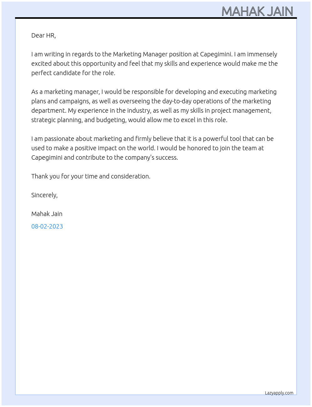 Marketing manager At Capegimini Cover Letter