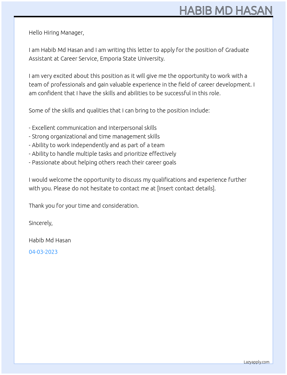 Graduate Assistant At Career Service, Emporia State University Cover Letter