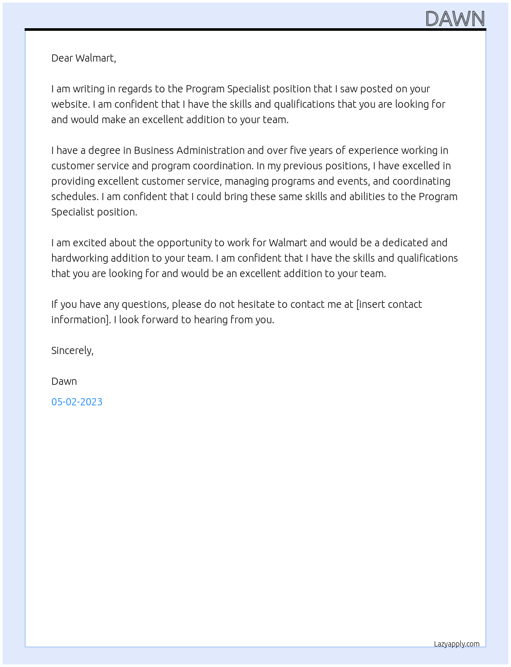 program specialist At Walmart Cover Letter