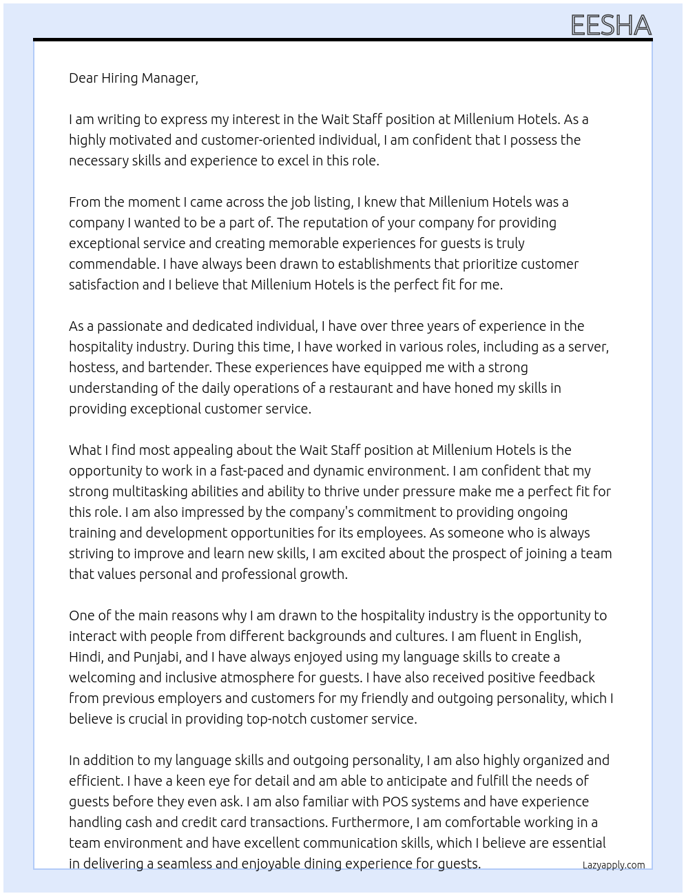 Wait staff At Millenium Hotels Cover Letter