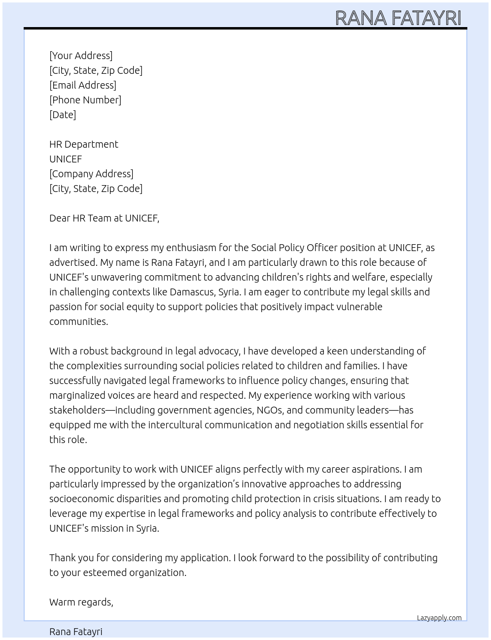 social policy officer At unicef Cover Letter