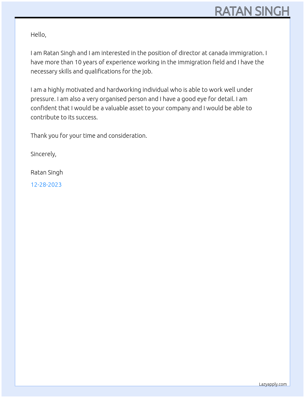 director At canada immigration Cover Letter