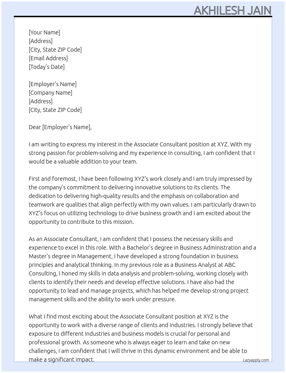 Associate Consultant At XYZ Cover Letter