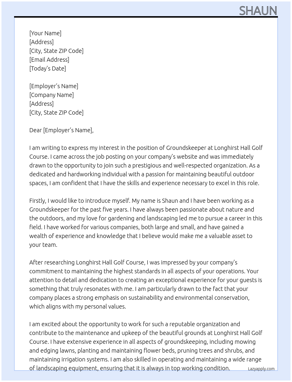 Groundskeeper At Longhirst Hall Golf Course Cover Letter
