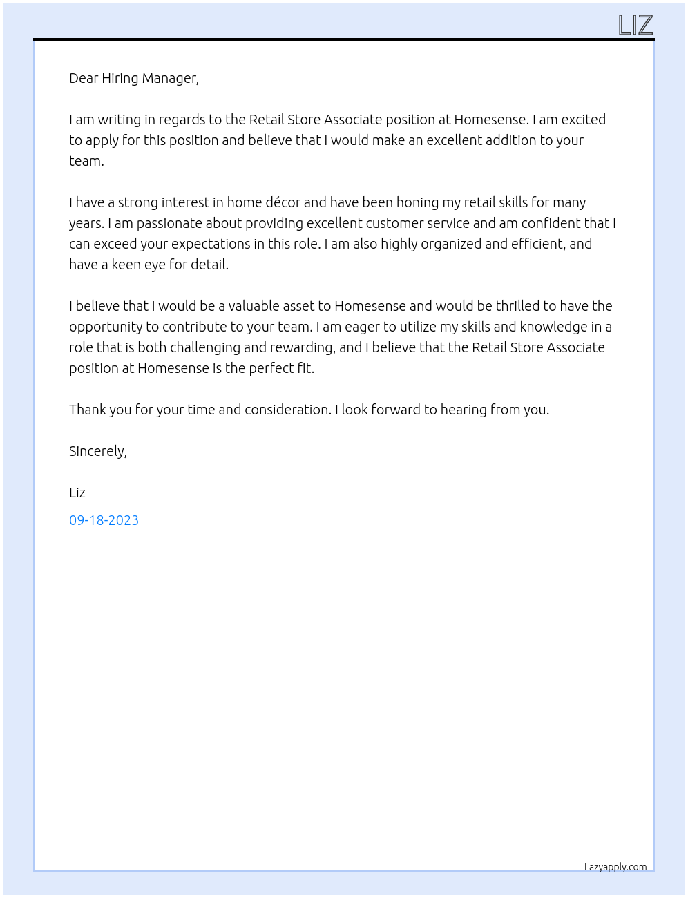 Retail Store Associate At Homesense Cover Letter