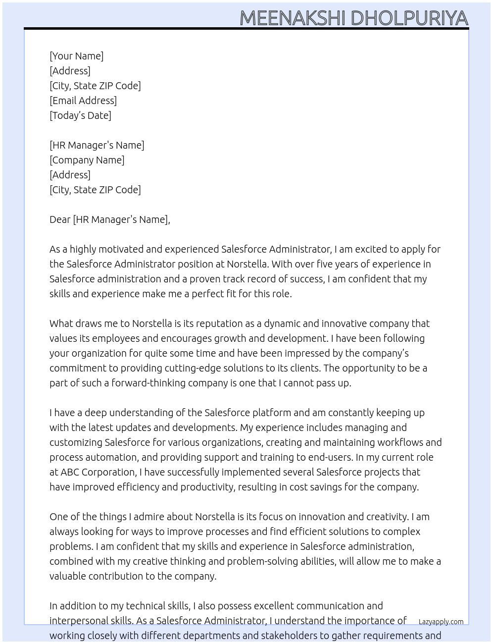 Cover letter for salesforce administrator - LazyApply