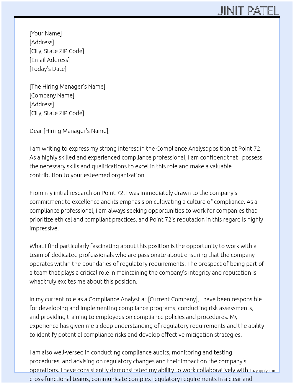 COMPLIANCE ANALYST At Point 72 Cover Letter