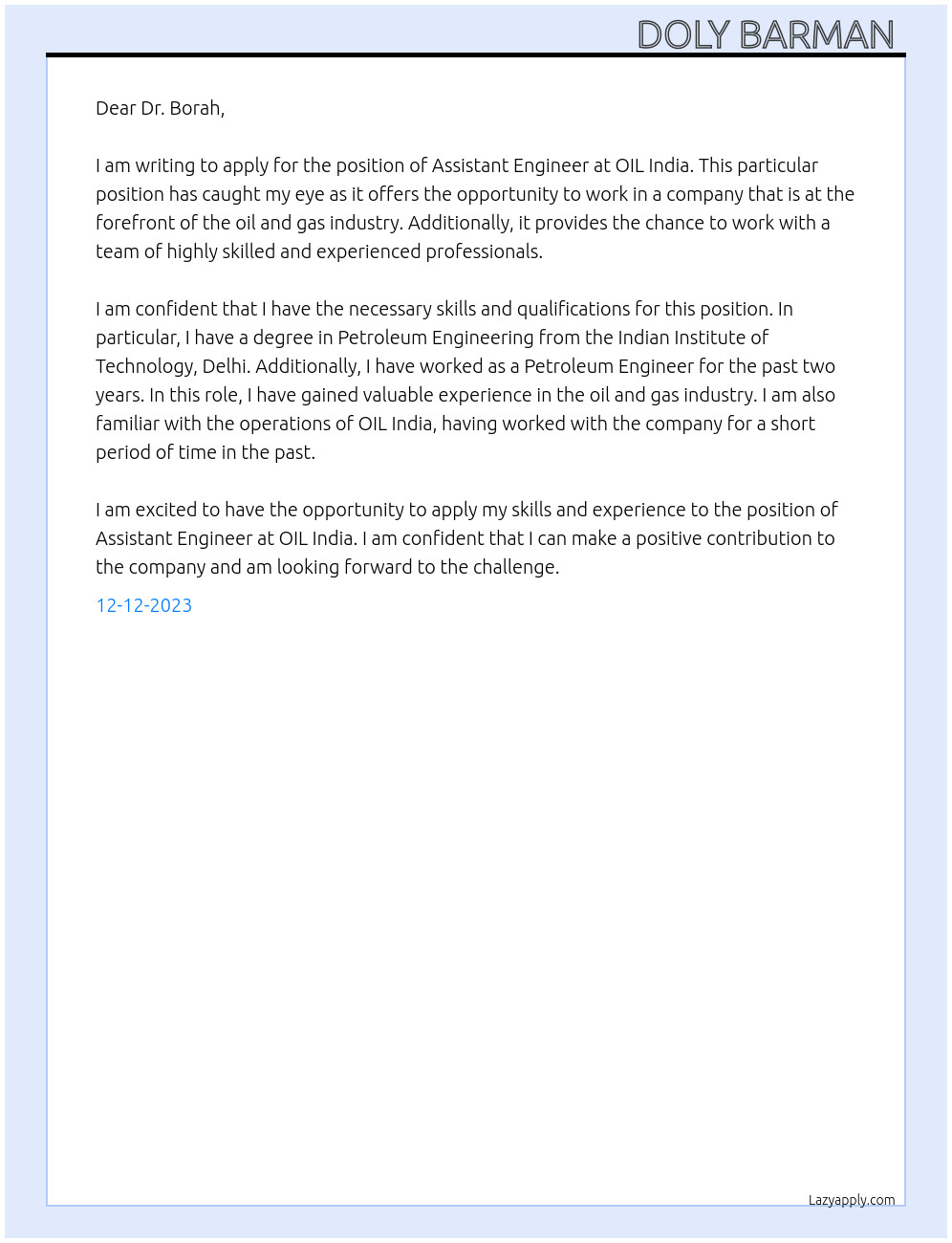 Assistant engineer At OIL India Cover Letter