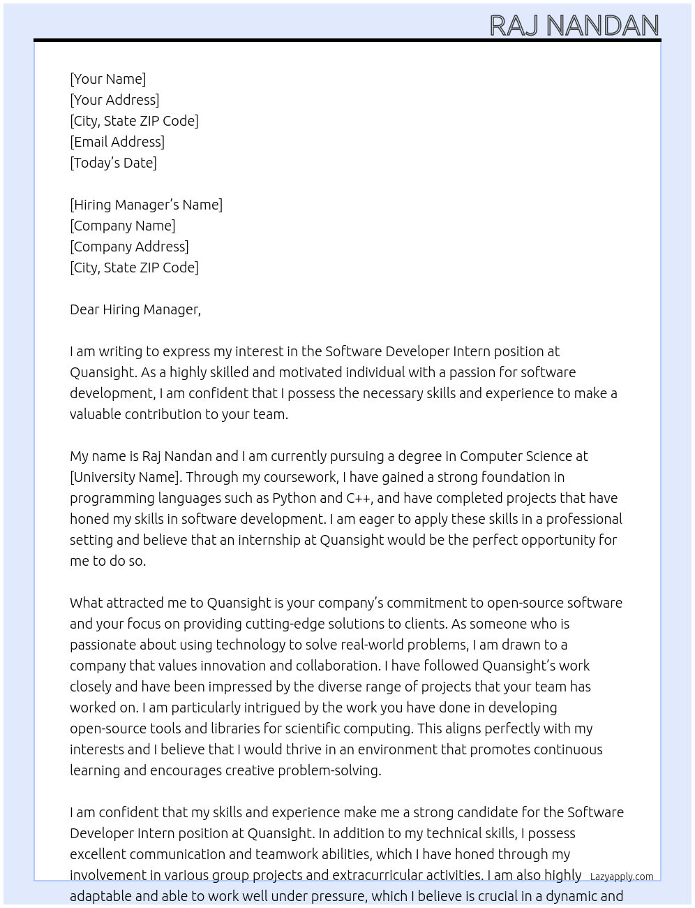 Software developer intern At Quansight Cover Letter