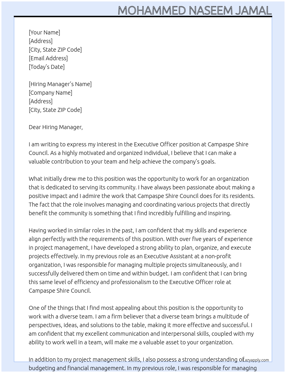 Executive Officer At Campaspe shire council Cover Letter