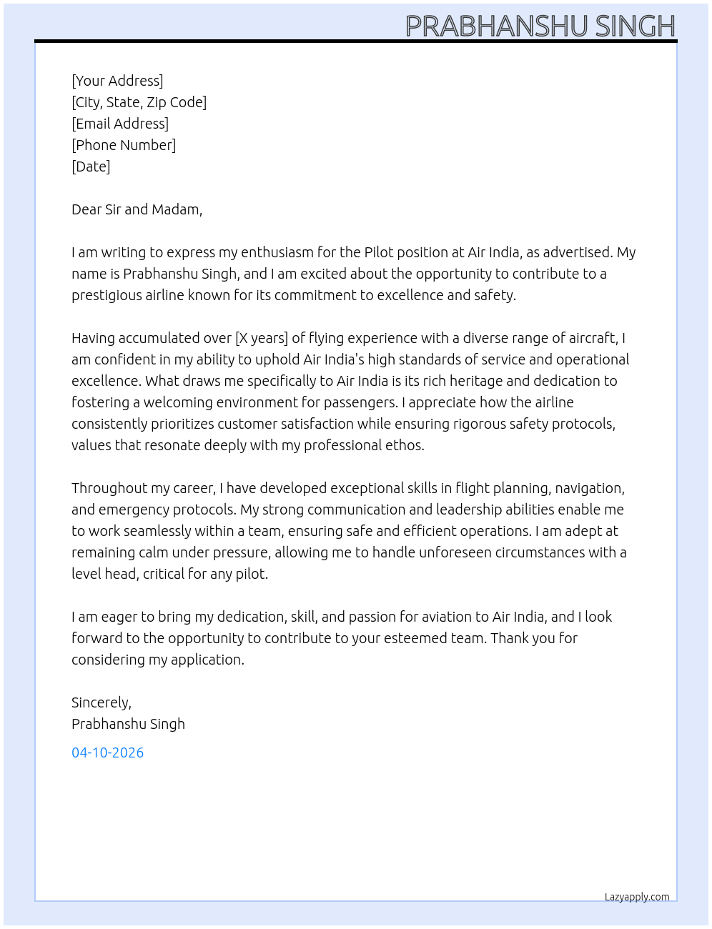 Pilot  At Air India  Cover Letter
