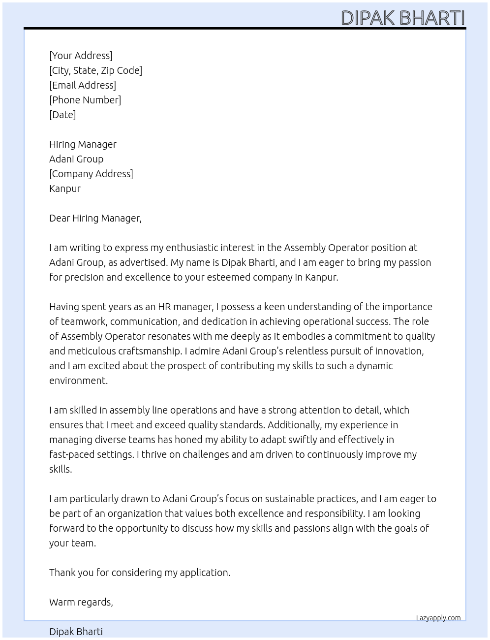 Assembly operator At Adani group Cover Letter