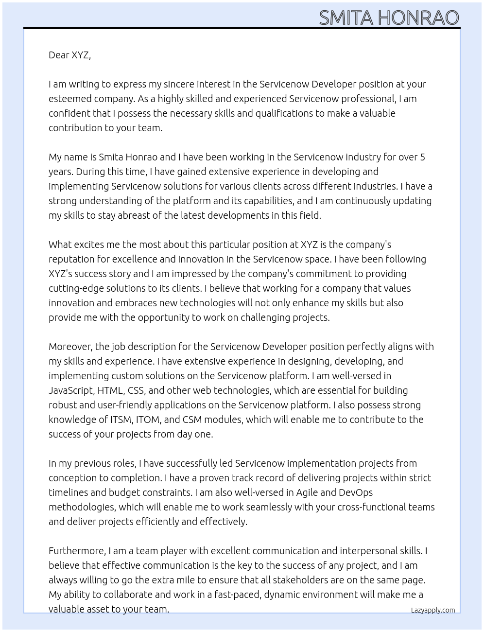 Servicenow developer At XYZ Cover Letter