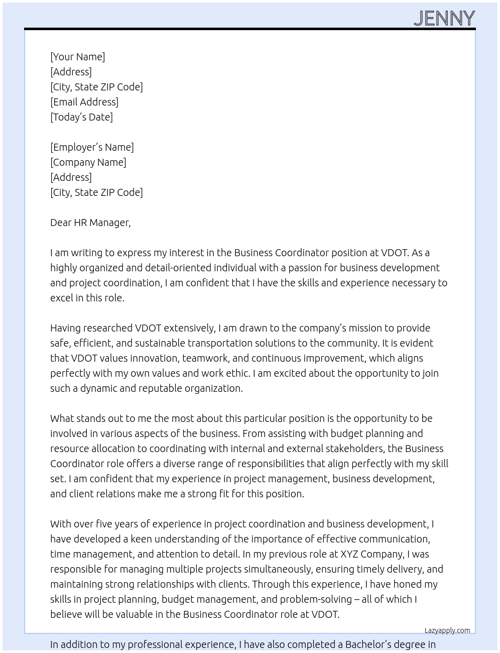 Business Coordinator At VDOT Cover Letter