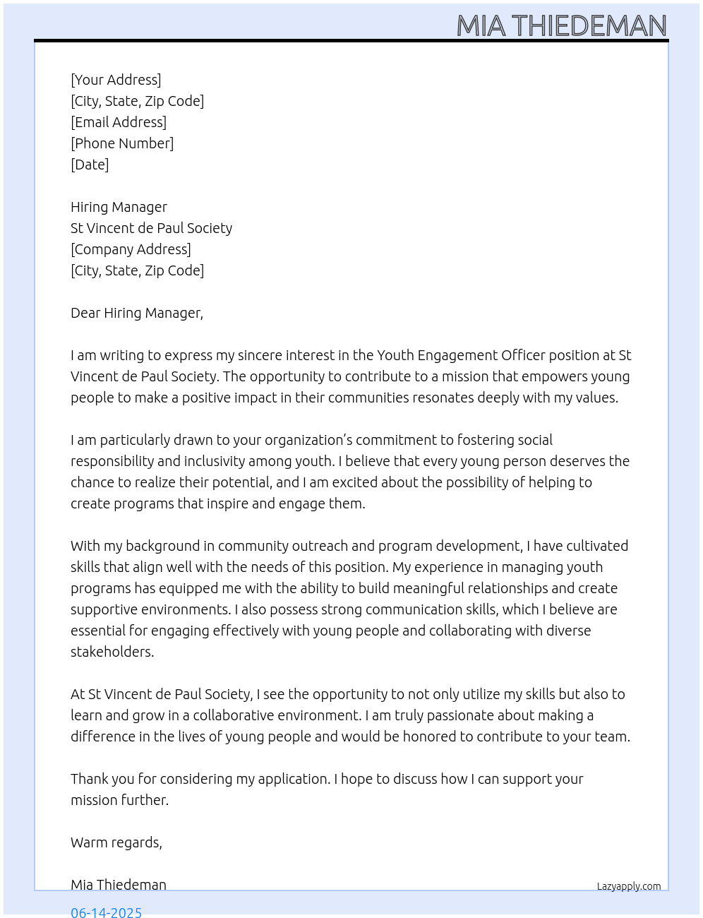 Cover letter for youth engagement officer - LazyApply