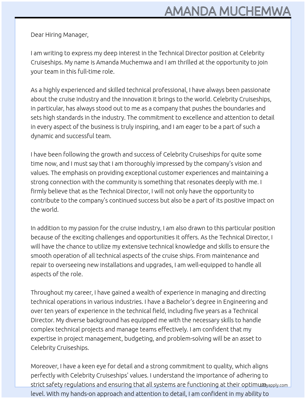 technical director At Celebrity Cruiseships Cover Letter